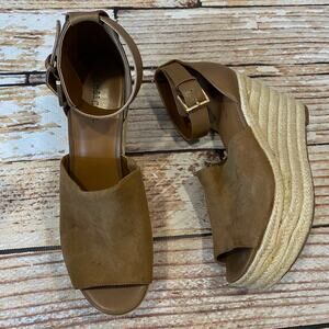 Indigo tan faux suede wedge espadrille sandals